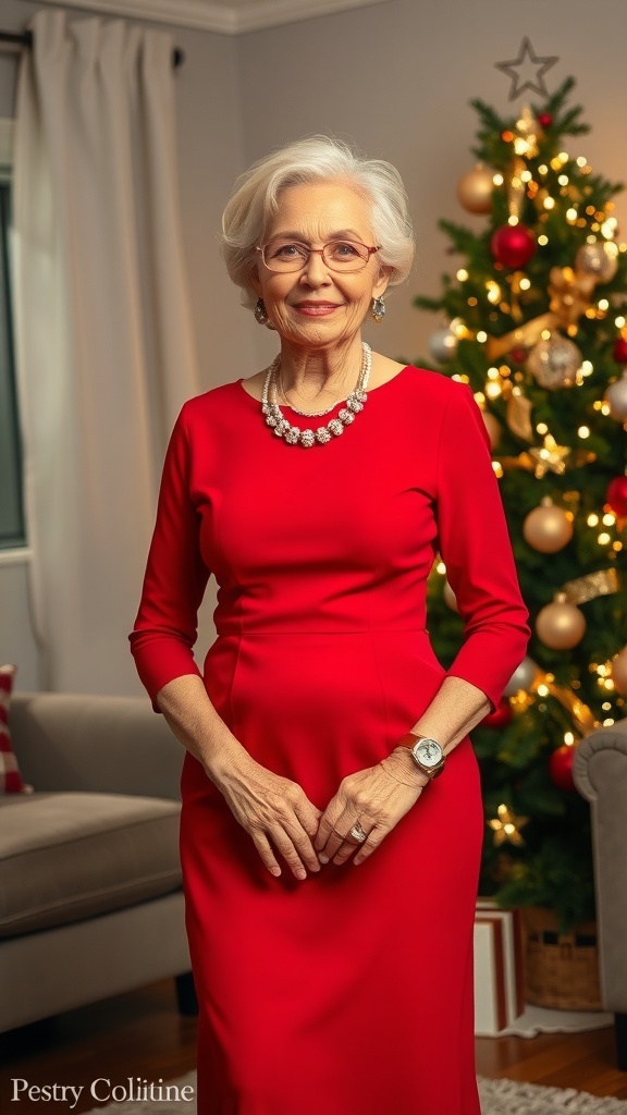 An older woman in a red dress with Christmas decorations in the background.
